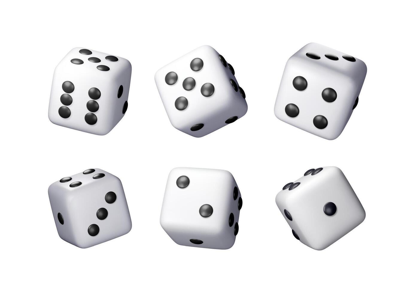 3D set of dice white playing cube isolated. Render collection of rolling dice cube with dots icon. Idea of random choice or decision. Poker dice gambling casino, bet and sports vector