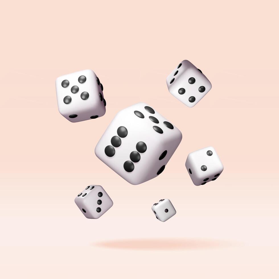 3D set of dice white playing cube isolated. Render collection of rolling dice cube with dots icon. Idea of random choice or decision. Poker dice gambling casino, vector