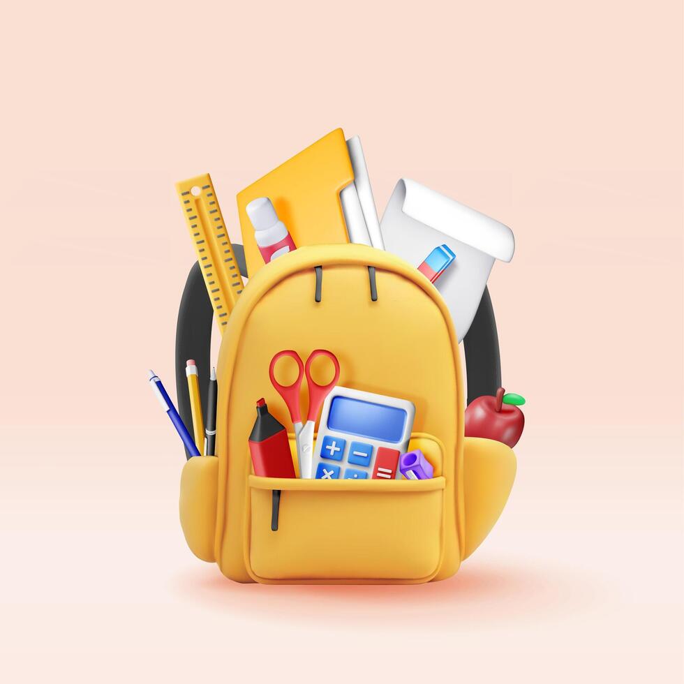 3D School backpack full of stationery items isolated. Render back to school concept. School supplies in backpack. Apple, calculator, pen pencil ruler. Education and study learning vector