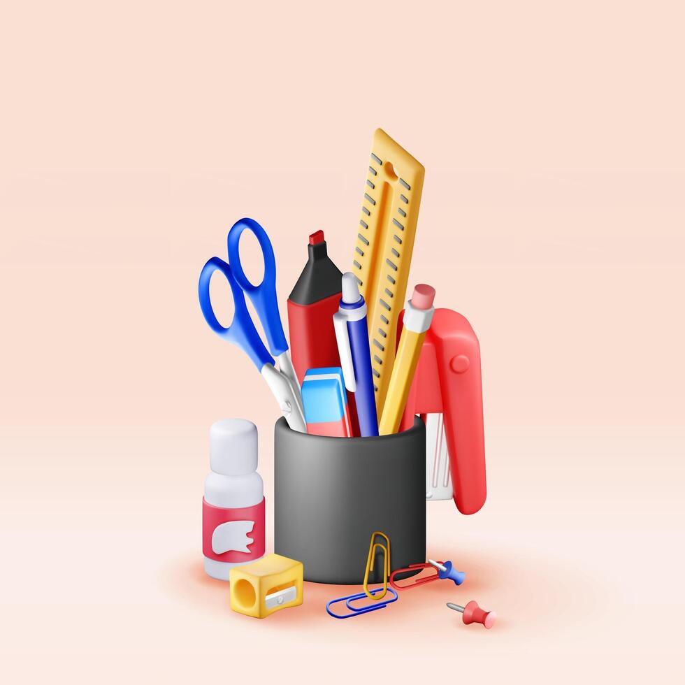 3D pen holder office equipment set isolated. Render ruler, pencil, pen, eraser, stapler and scissors in cup. Study, school and education items. Office supply and stationery set vector