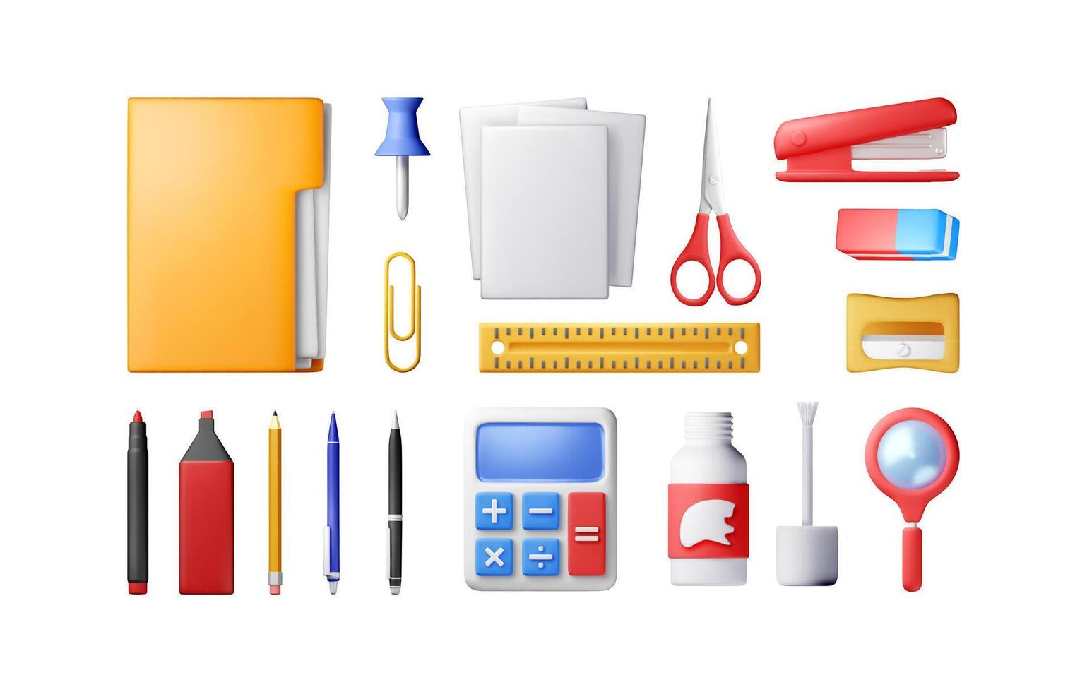 3D stationery set icons isolated. Render collection of office supply. Papers, ruler, folder, pencil, pen, calculator, scissors. Office supply, school and education equipment vector