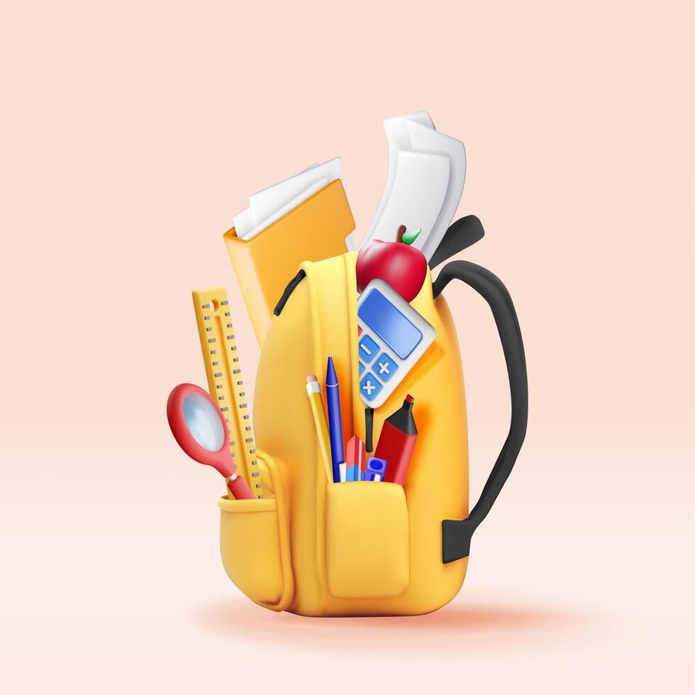 3D Yellow school backpack with stationery isolated. Render apple, file folder, sheets of paper, and calculator for education, business and learning. Back to school concept vector
