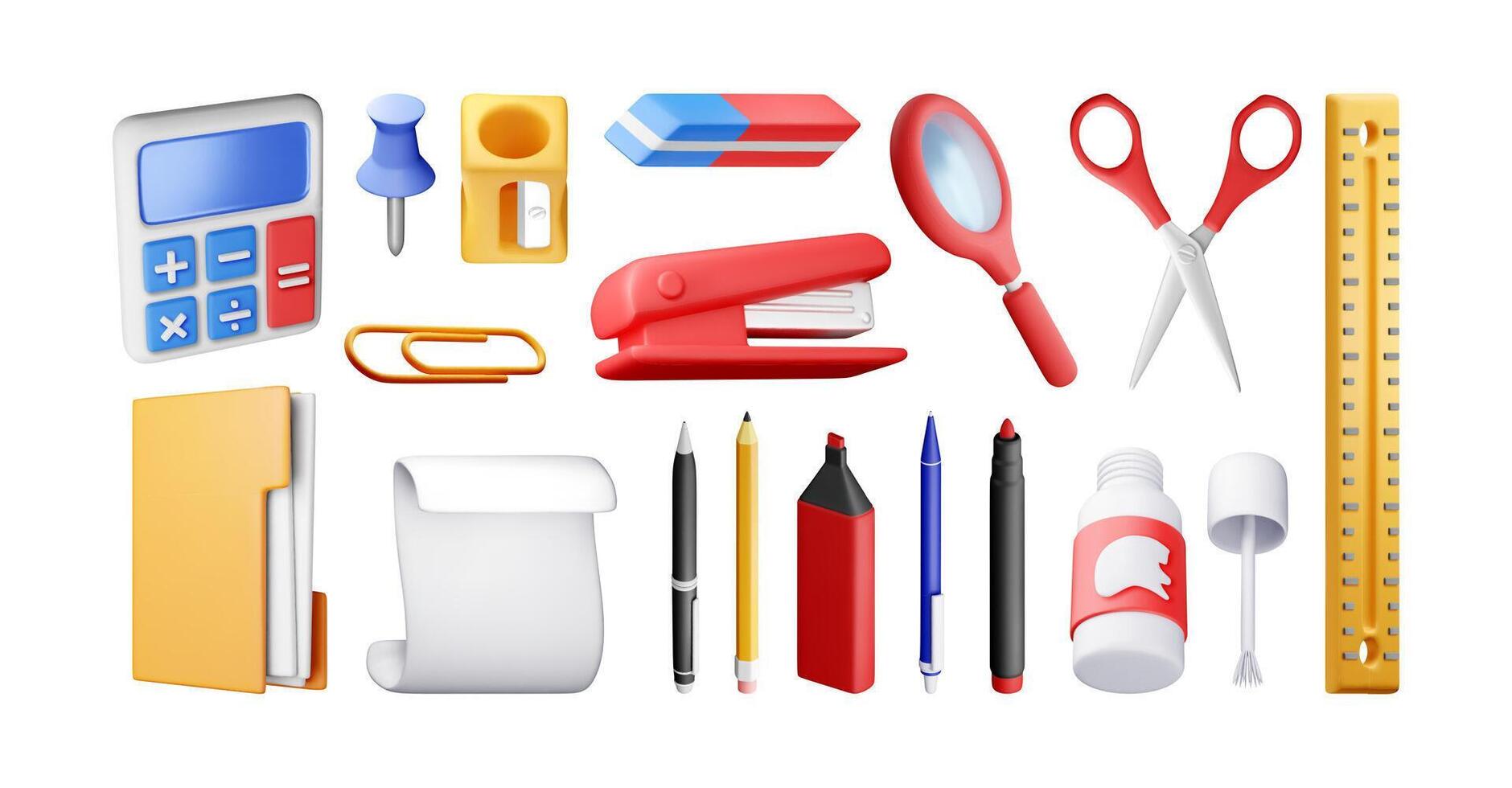 3d stationery tools set isolated. Render supply equipment collection on white background. Creative business or education concept. Office supply, school and education equipment vector