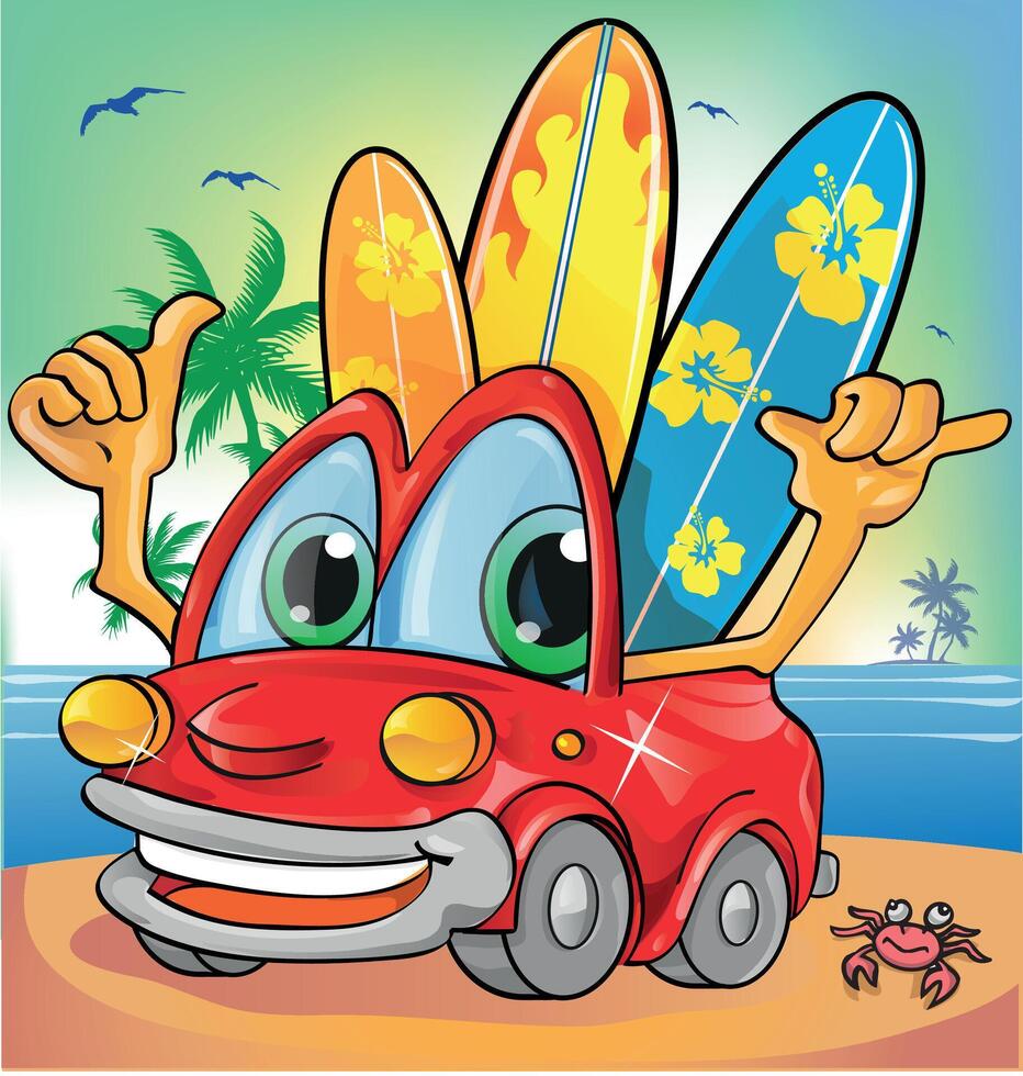 car cartoon with surfboard on beach background vector