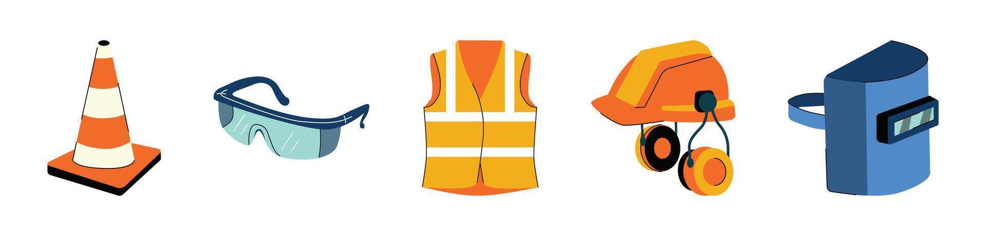 Collection of essential safety equipment for construction and industrial workplace vector
