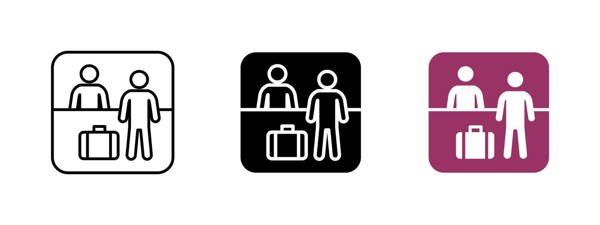 Check-in icon. Airport counter illustration. Passenger registration and baggage drop-off symbol. Travel and airline service sign for flight boarding and hospitality desk. vector