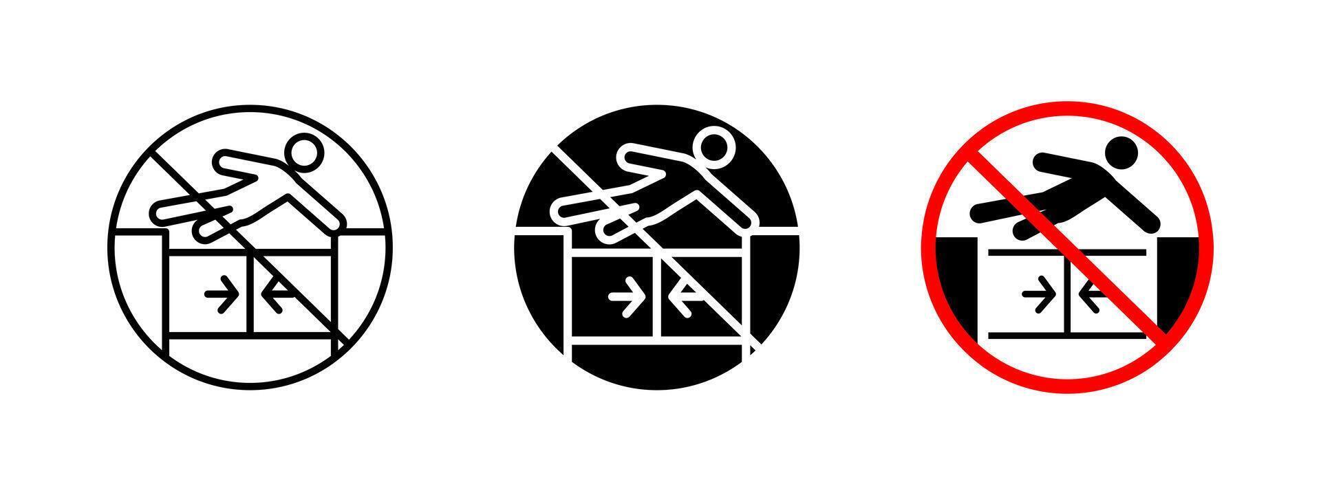 No jumping over the turnstile icon. Prohibition illustration. Warning sign indicating restriction against jumping over barriers for safety and security in transit areas. vector