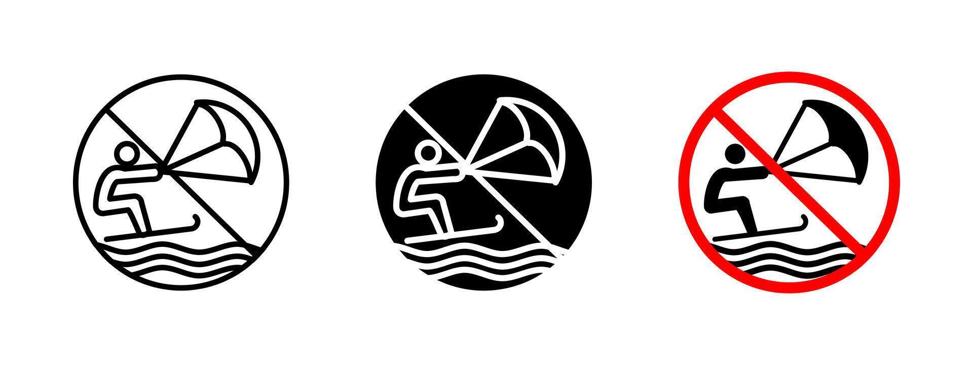 No kitesurfing icon. Water sports restriction sign for safety in designated areas. Warning symbol prohibiting kitesurfing activities in specific locations to prevent accidents and ensure public safety vector