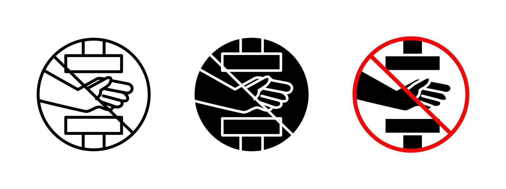 No hand pinch icon. Safety warning illustration for preventing hand injuries. Prohibited sign for dangerous machinery and workplace hazards. Industrial accident prevention and caution symbol. vector