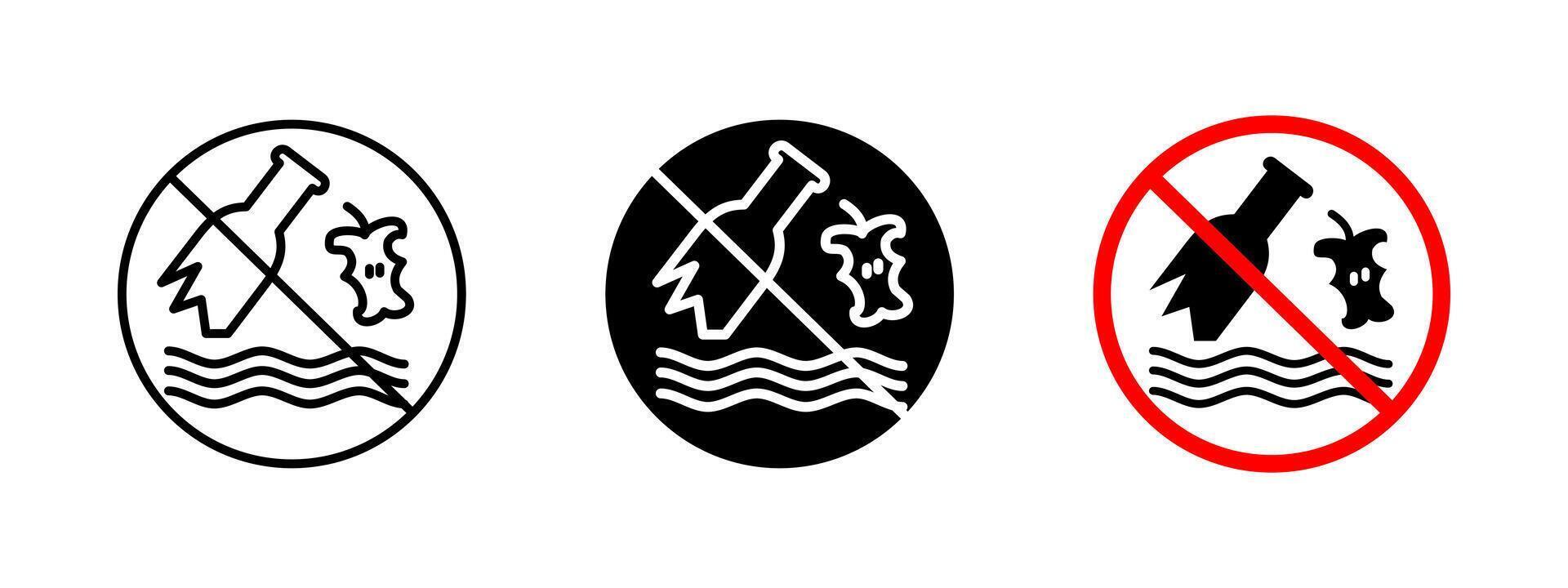 No littering icon. Environmental protection sign against polluting beaches and coastal areas. Warning symbol to prevent trash disposal in the ocean, promoting cleanliness and sustainability. vector