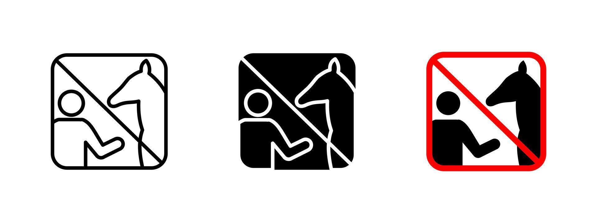 No horse petting icon. Restricted contact with animals sign illustration. Prohibited interaction warning for safety and regulation enforcement in equestrian areas. vector