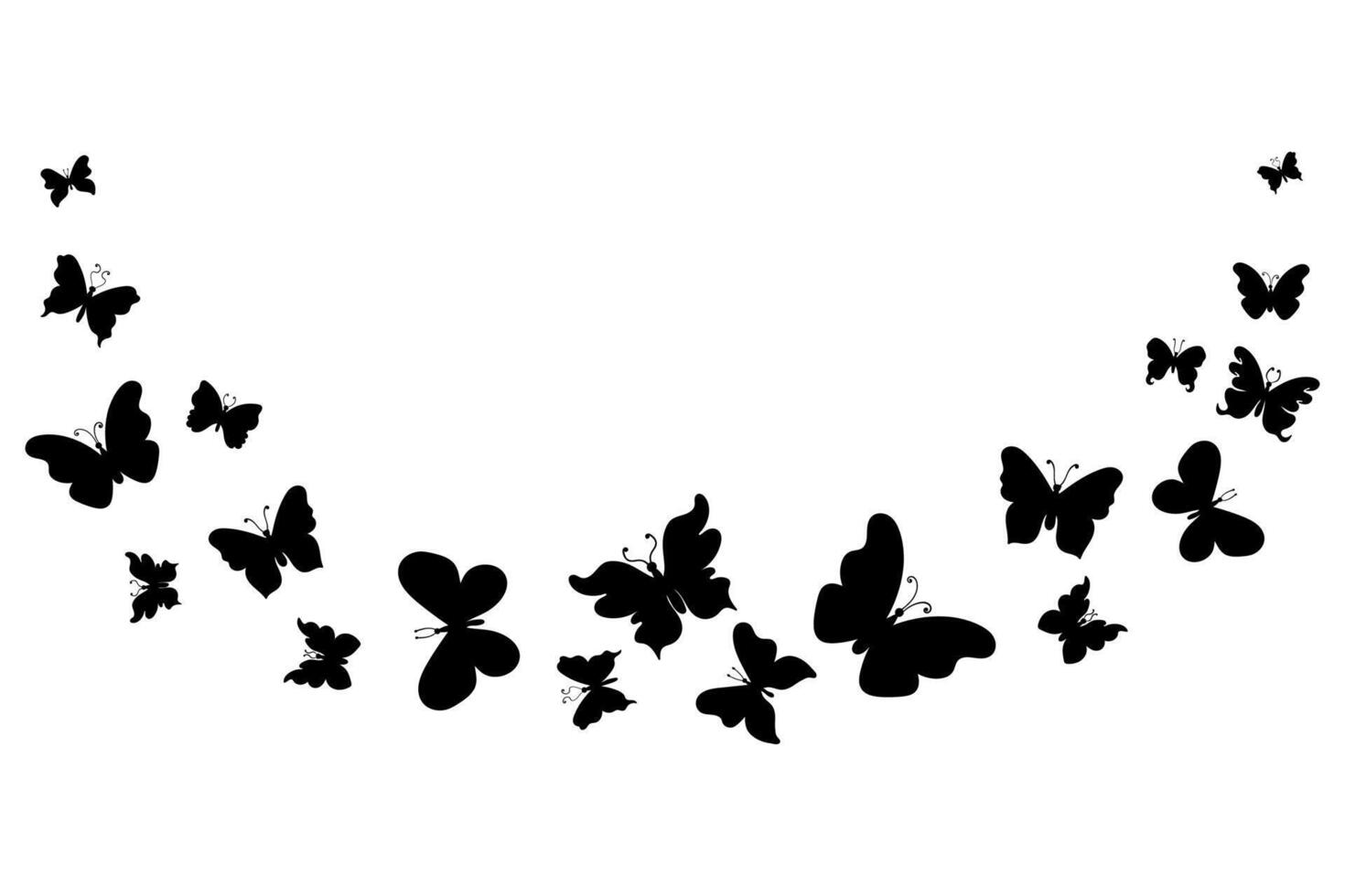 Black Butterfly Silhouette Swarm Flying. Semi circle arrangement. Elegant Butterflies Scattered Design on White Background vector