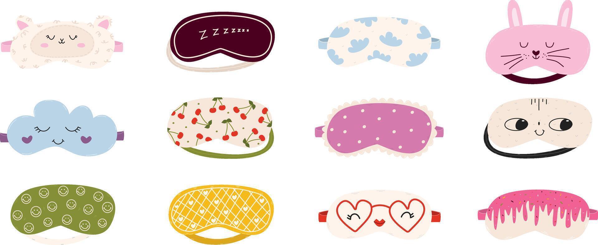Cute set of sleep masks. Collection of hand-drawn eye accessories with cloud, bunny, sheep, berries, frills. Fun sleepover wear, vacation. Blindfold. vector