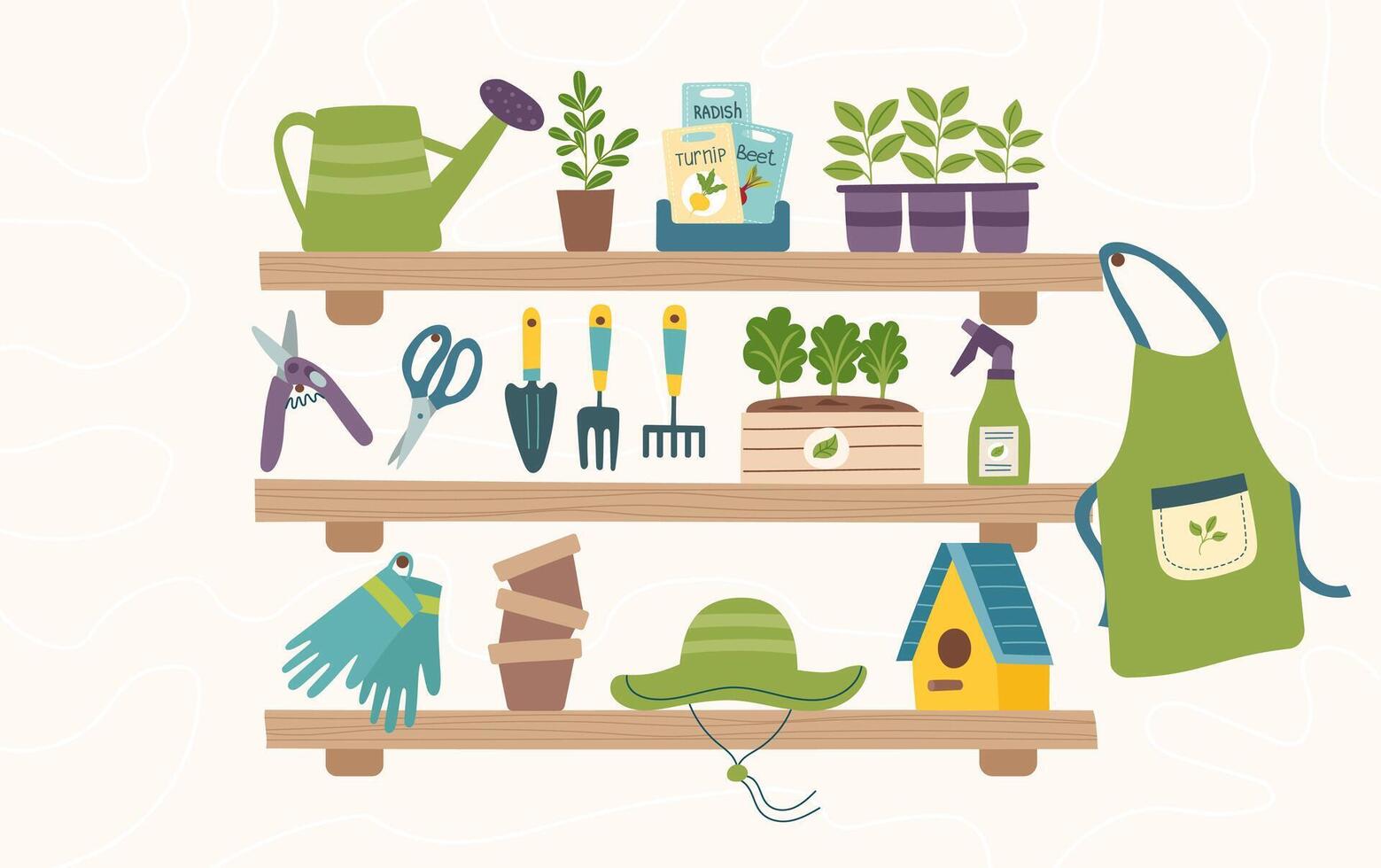 Gardening concept banner with seedlings, seeds and garden equipment. Spring, gardening, farming and greening concept. vector