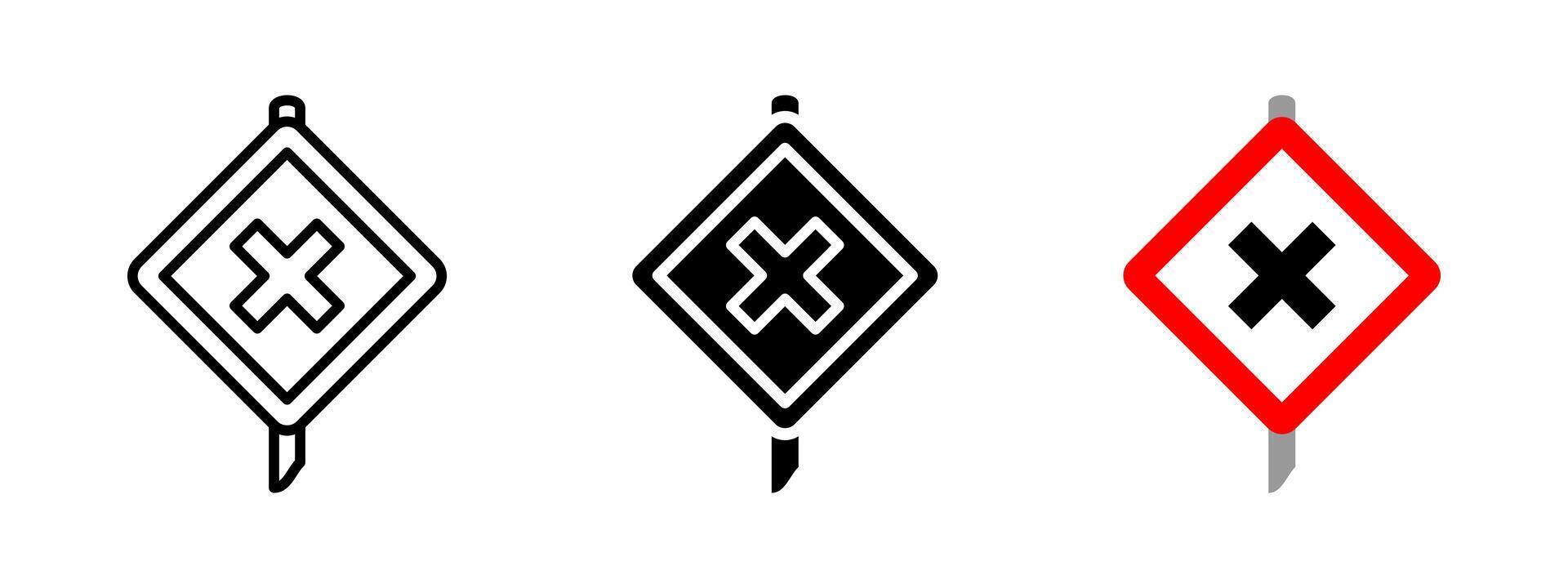 Crossroad sign icon. Traffic regulation illustration. Intersection warning symbol for road safety and navigation. Highway caution pictogram. Urban transportation and control sign. vector