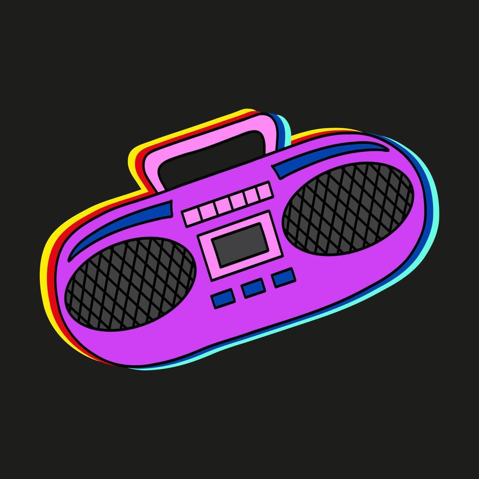 Retro tape recorder with glitch effect. Portable stereo radio cassette boombox. Pop culture from 90s design. 90s 00s style hand drawn sticker vector