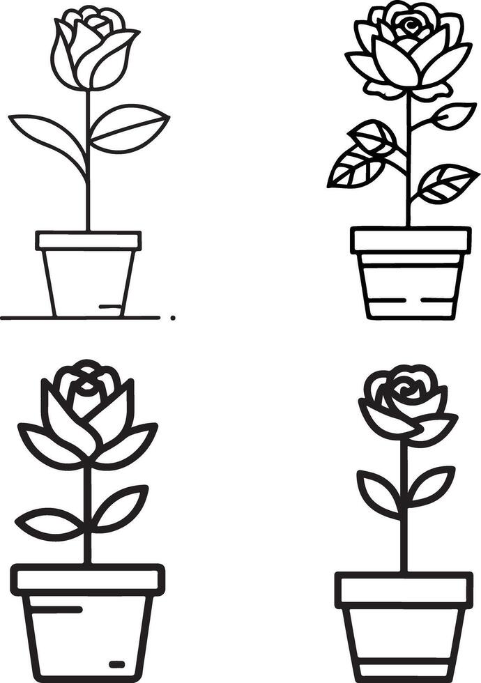 Elegant Flower Plant with Flower Pot Single Line Art Silhouette Set vector
