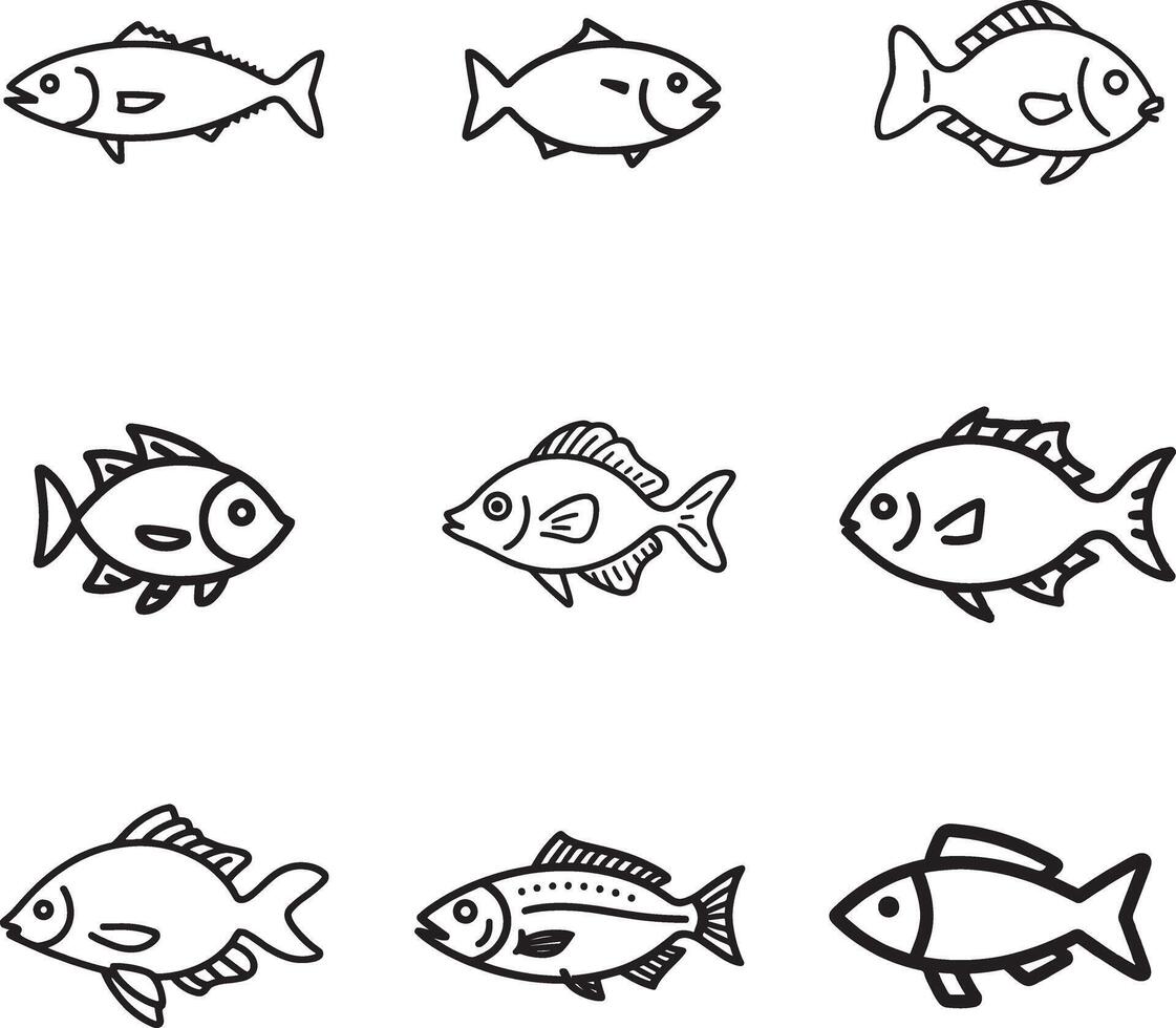 A silhouette illustration of doodle style fish, highlighting its elegant fins, smooth contours, and graceful movement in the ocean. vector