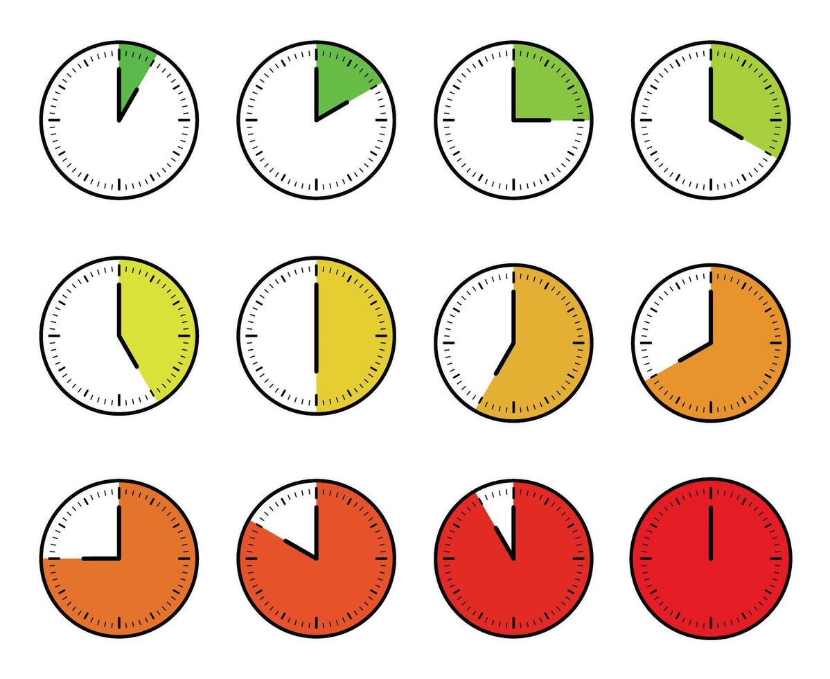 Green to red remaining time, Tracking time, start to end clock hours vector