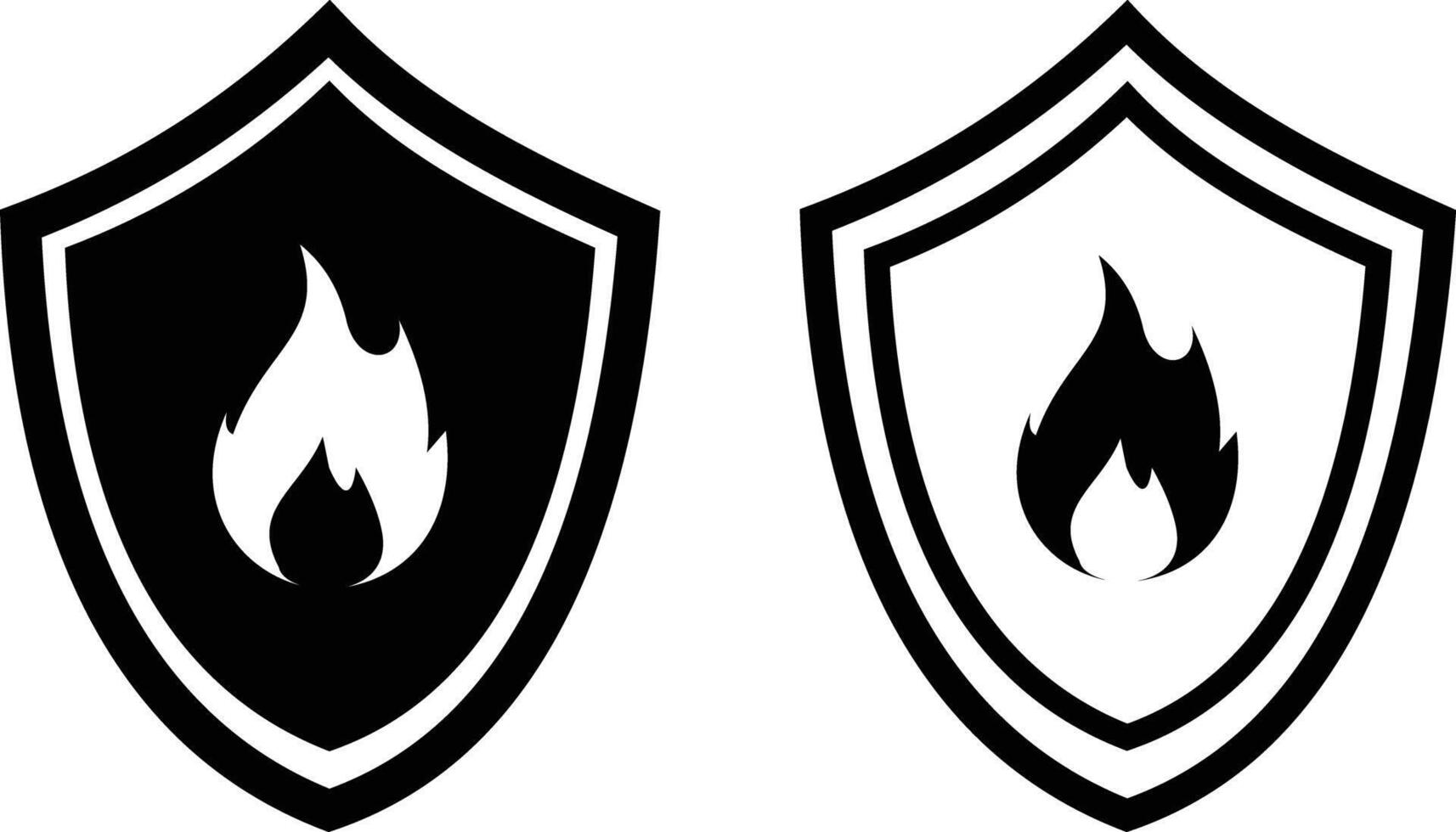 Set of Shield with fire icon.flat design. Protection from fire or fire protection or protect from heat icon. black and white overheat protection icon. Illustration. vector