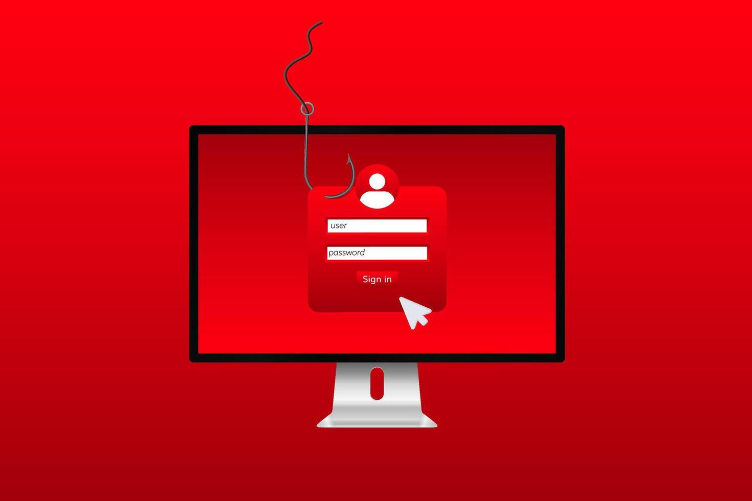 Computer screen displaying a phishing concept with password login and hook symbol vector