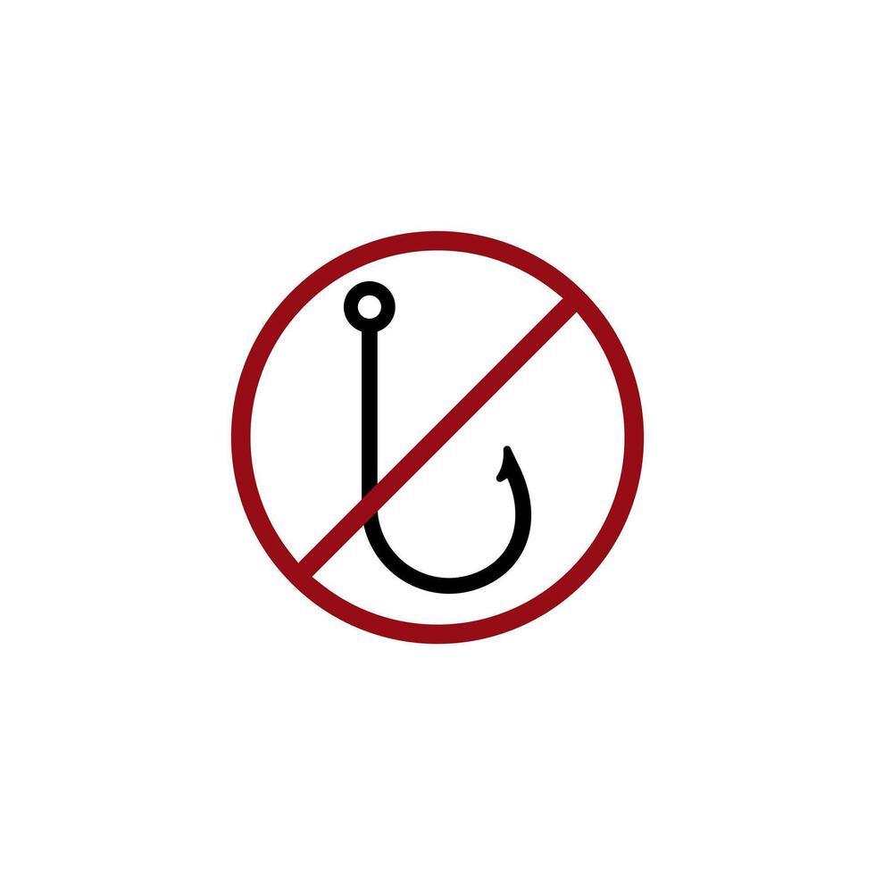 Fishing hook with red circle and diagonal line symbol for no fishing policy or restriction vector