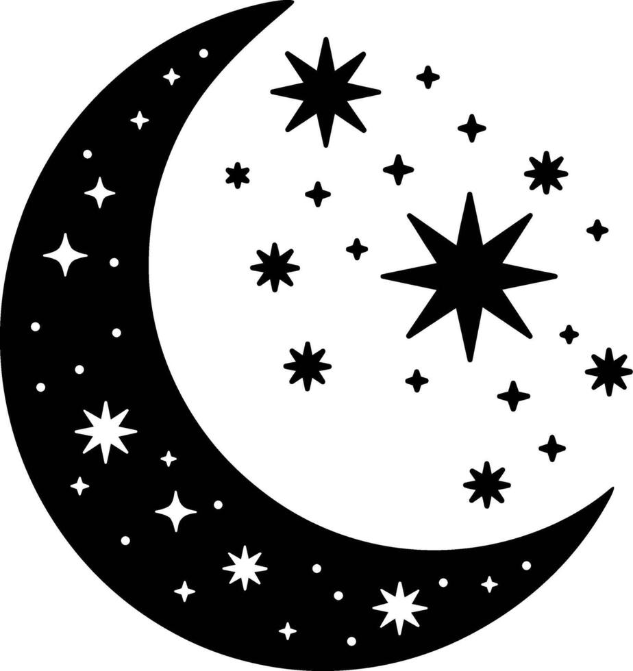 Crescent Moon and Stars Silhouette Illustration vector