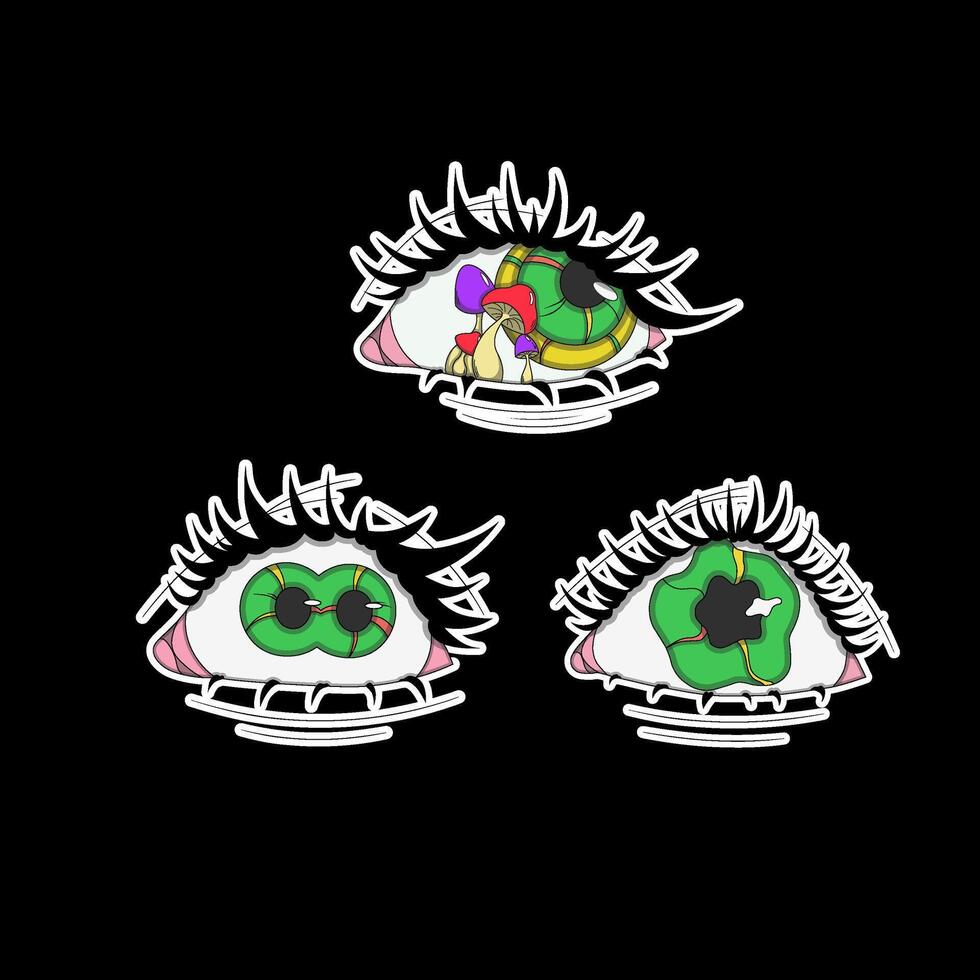 A set of three psychedelic stickers with green eyes vector