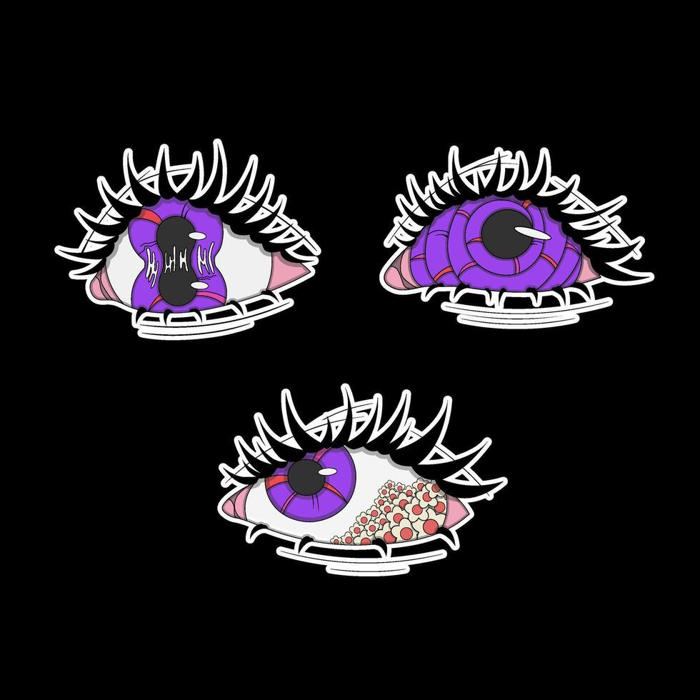 Set of three purple eyes, psychedelic stickers vector