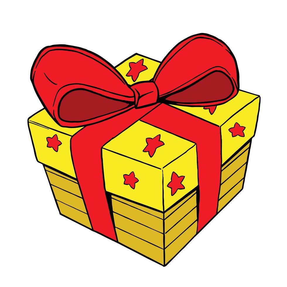 A yellow gift box with red stars and a large red bow, isolated on a white background vector