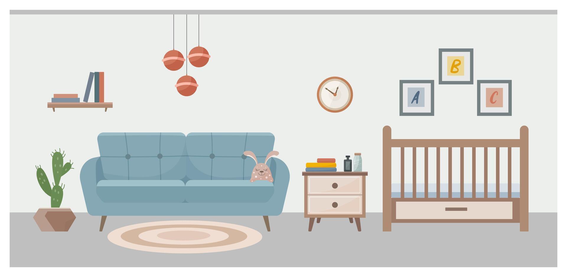 Interior of living room and children's room. Cozy bedroom with a cot. Cartoon of a bright room with a modern sofa, crib, paintings, carpet, nightstand. vector