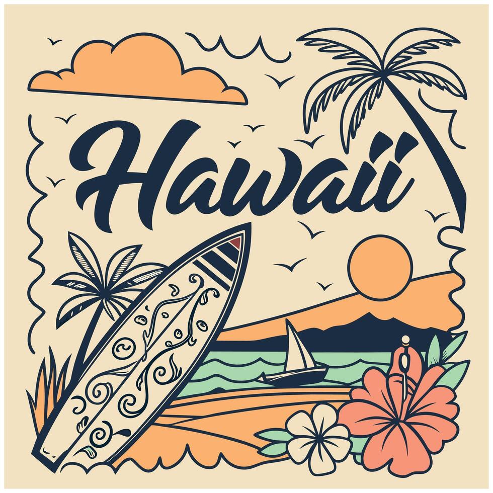 Vintage Hawaii Surf Scene Graphic Tee for Vacation vector