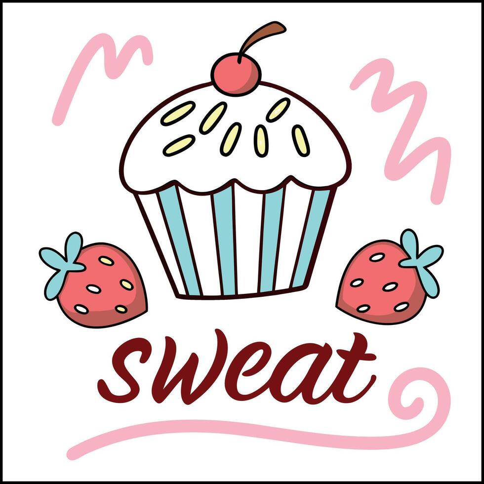 Adorable Cupcake with Strawberries Graphic Tee - Kawaii Dessert Food Humor Shirt for Girls vector