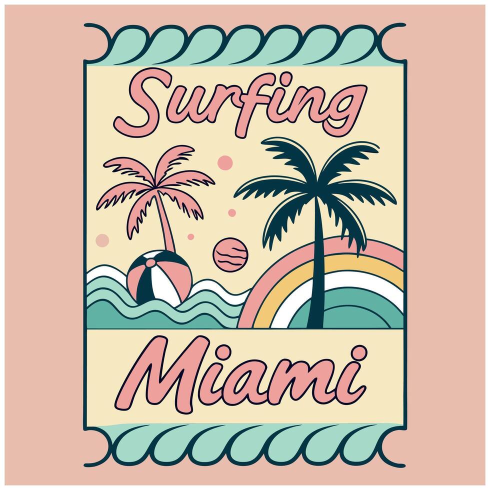 Surfing Miami Beach Retro T Shirt Design vector