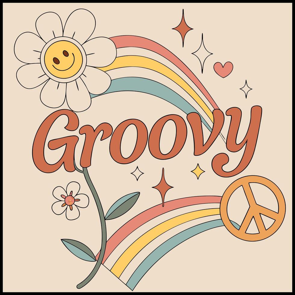 Groovy- T-Shirt Design with Retro Rainbow, Flowers, and Peace vector