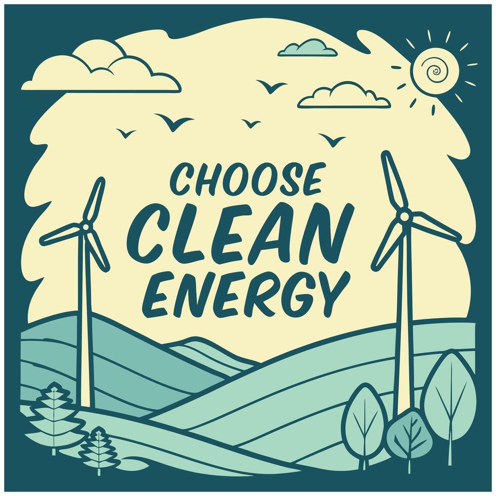 wind turbines and trees in the background with the words choose clean energy vector
