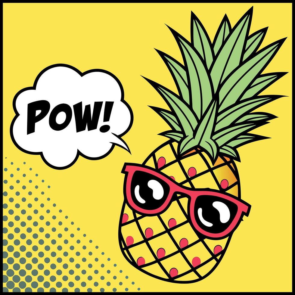 T-Shirt Design-pineapple with sunglasses and speech bubble pow pop art style illustration vector