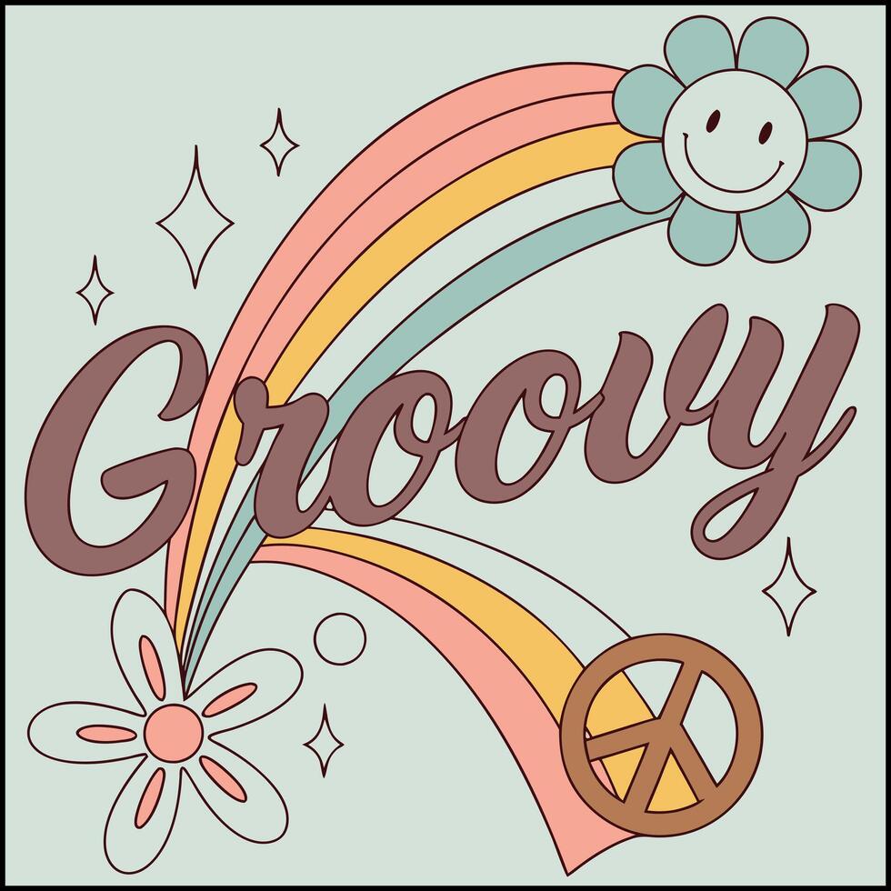 Groovy- T-Shirt Design with Retro Rainbow, Flowers, and Peace Sign vector