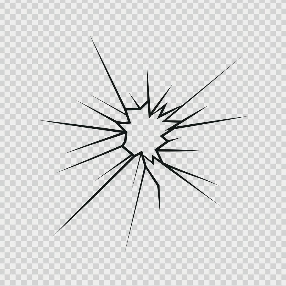 Crack shot in glass, silhouette linear crack breaks, broken glass or ice, abstract patterns vector