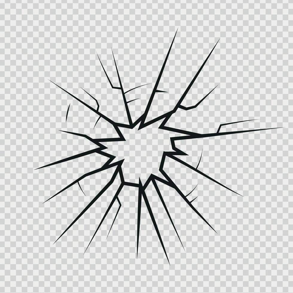 Crack shot in glass, silhouette linear crack breaks, broken glass or ice, abstract vector