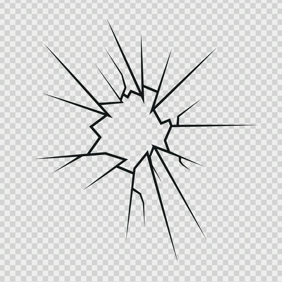 Crack shot in glass, silhouette linear crack breaks, broken glass or ice, illustration abstract patterns. vector