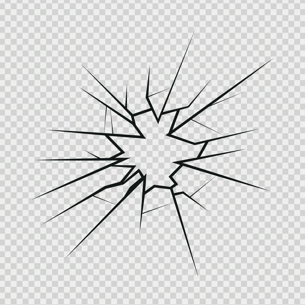 Crack shot in glass, silhouette linear crack breaks, broken glass or ice, illustration patterns vector