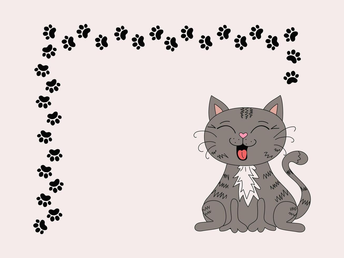 Frame, border. Pet, kitten. Cartoon funny cat, footprints, paw prints. Place for text, postcard design, information banner. Funny laughing cat, doodle illustration, isolated background. vector