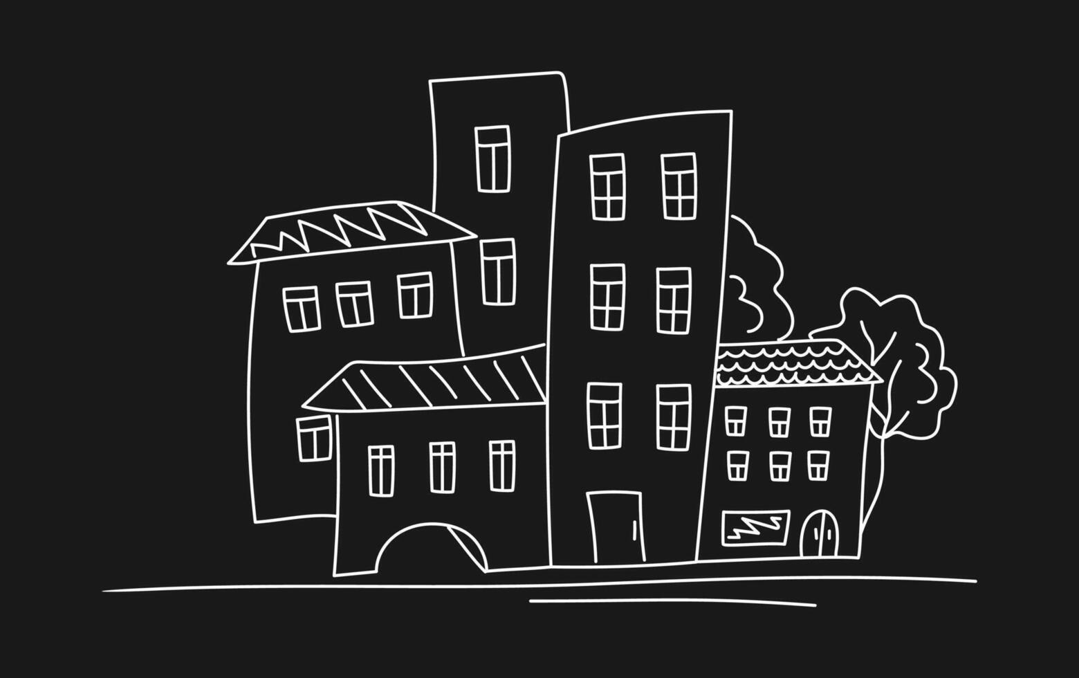 Houses, street, drawn city, architecture, construction. Drawing, scribble. Outline, monochrome illustration. vector