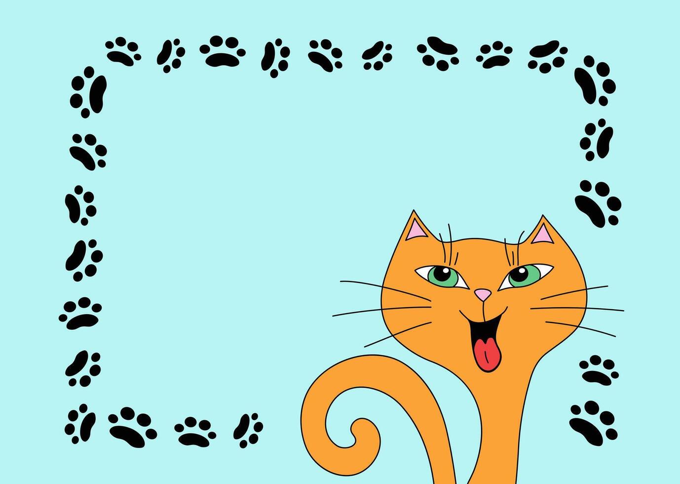 Cartoon ginger cat, tracks, paw prints. Frame, banner. Pet, kitten. Funny laughing cat. Postcard design, flyer design. Place for text, isolated background. vector