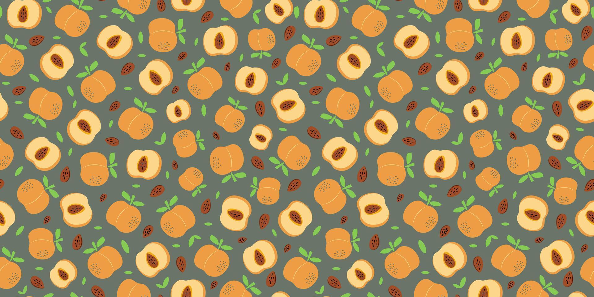 Seamless pattern. Peach, apricot slices, whole fruits. Simple abstract fruits with leaves and pits. Vitamin natural vegetarian food, garden harvest. Colored repeating background. vector