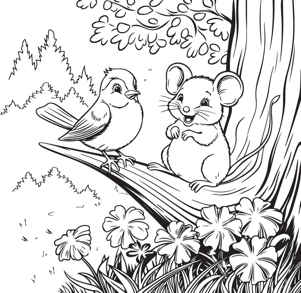 A cute bird and mouse are talking on a tree branch near flowers, coloring page for child vector