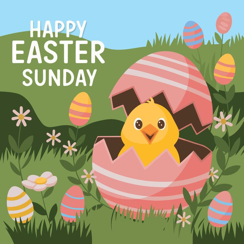 easter card with chicken and eggs vector