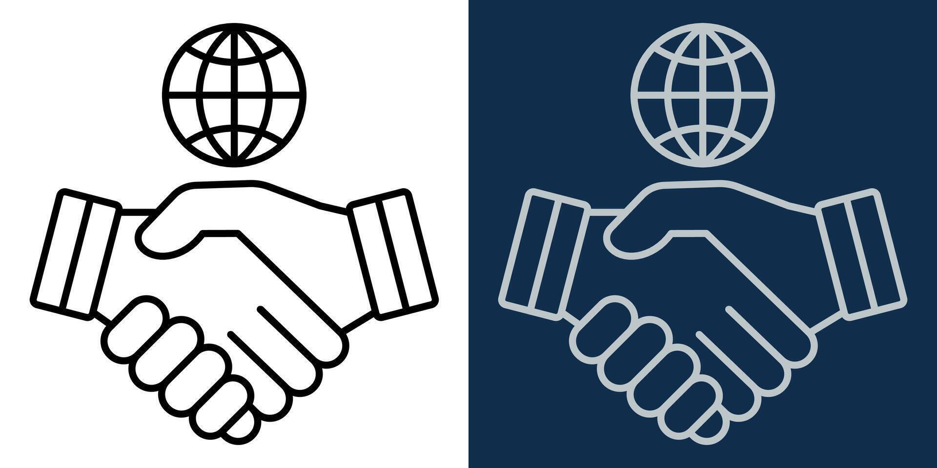 icon of Handshake with Globe symbolizing global business, international cooperation, partnership, and diplomacy. Black and white outline style. Editable Stroke. For corporate and trade designs vector