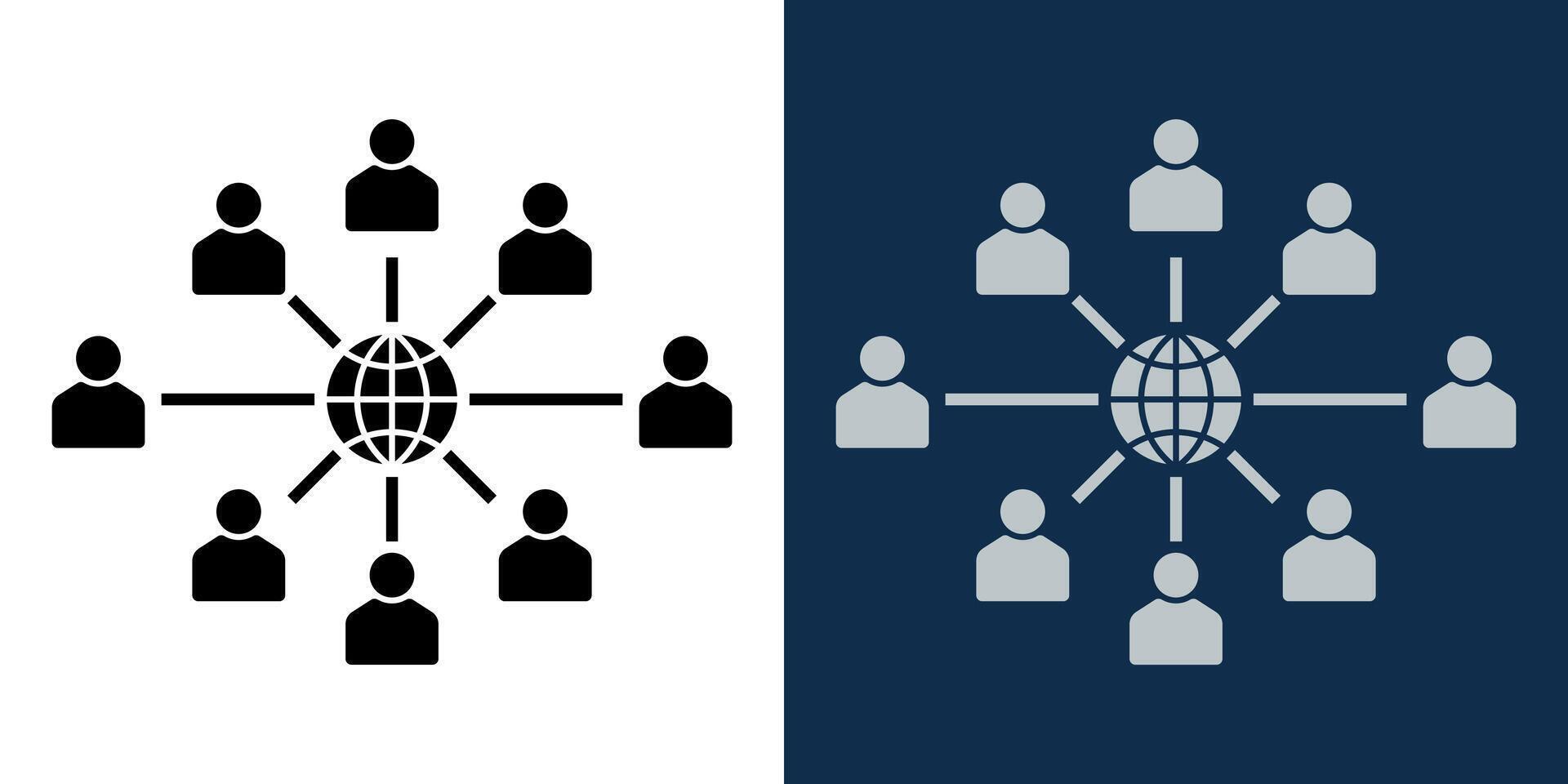 Global network connection icon. Silhouette icon of people connected around the world, symbolizing teamwork, communication, social media, and online collaboration. Icon of people and globe vector